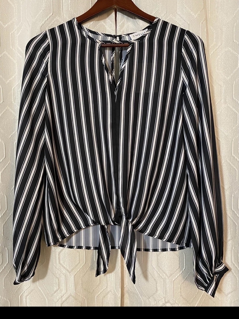 NWT Emelia black and white striped knotted blouse